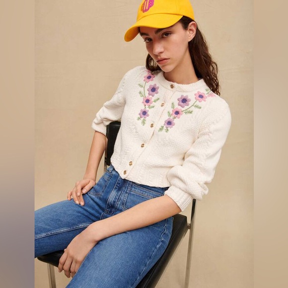 Maje Myflor Floral Embroidered Cardigan Sweater Size-1 S